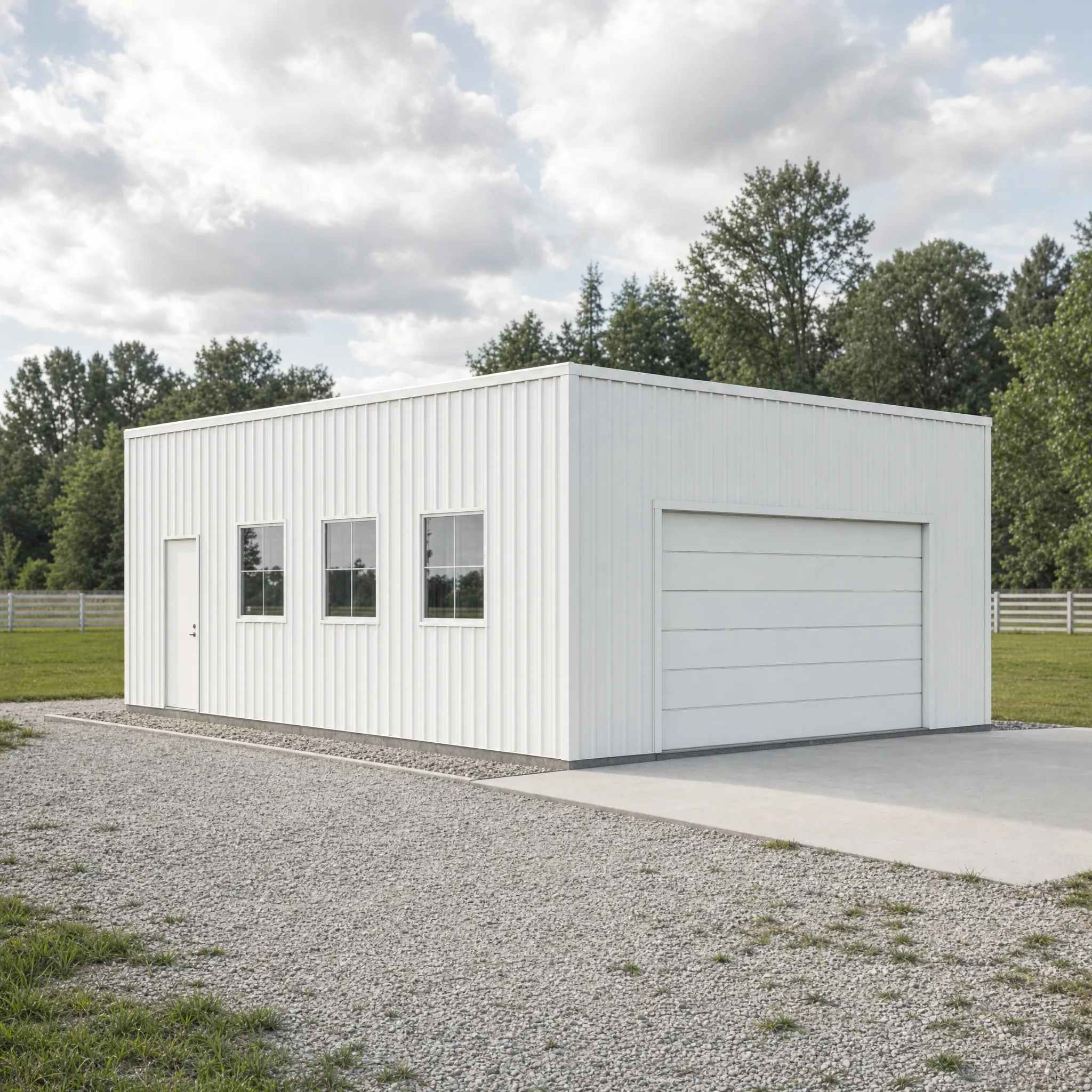 24' x 32' x 12-13' clear-span steel building package by Hybrid Steel Buildings